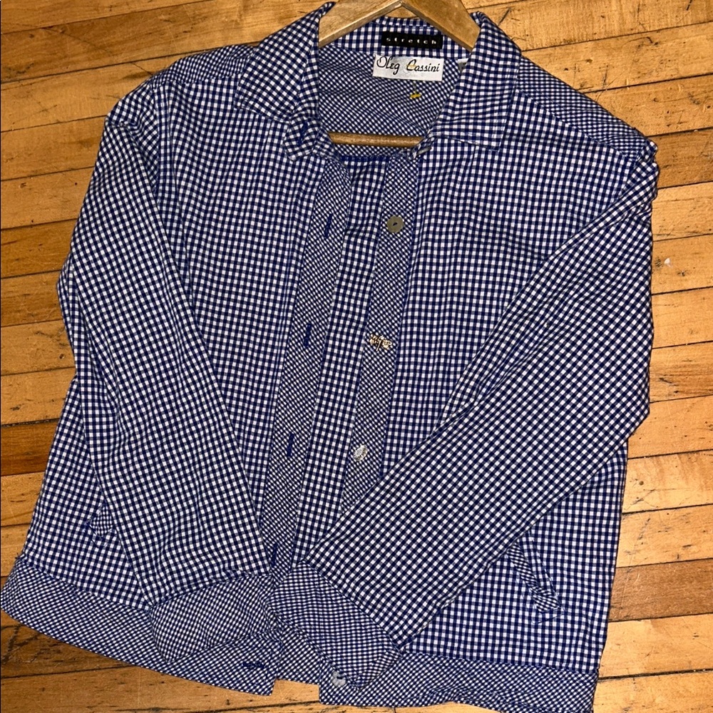 Oleg Cassini Blue and White Checkered Blouse